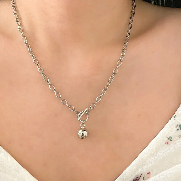 925 Sterling Silver Chunky Toggle Ball Necklace Minimalist Ball Necklace - Picture 4 of 4